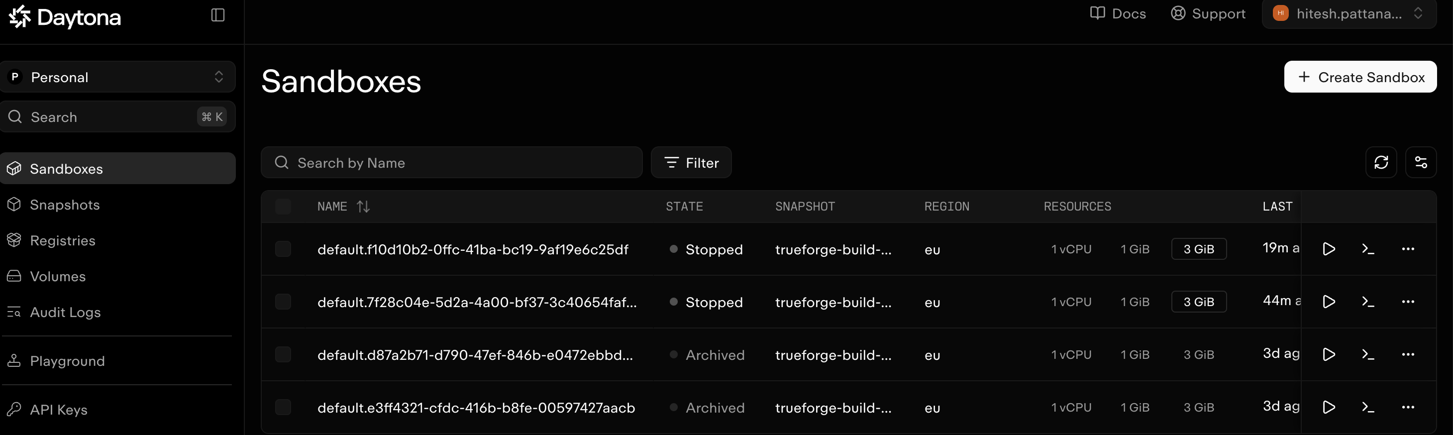Daytona dashboard showing multiple TrueForge-provisioned sandboxes in Stopped state