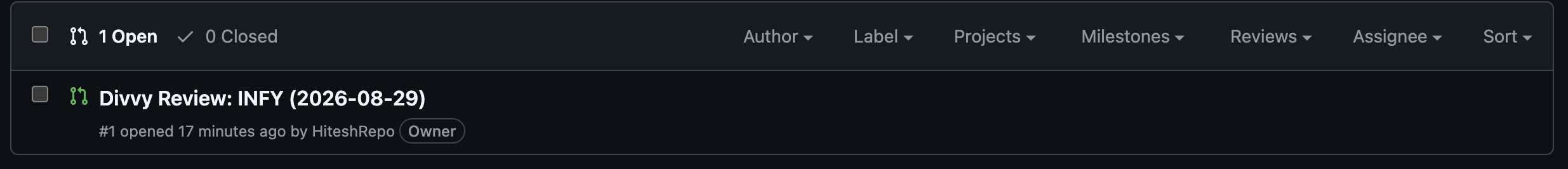 GitHub PR list showing Divvy Review: INFY (2026-08-29) open
