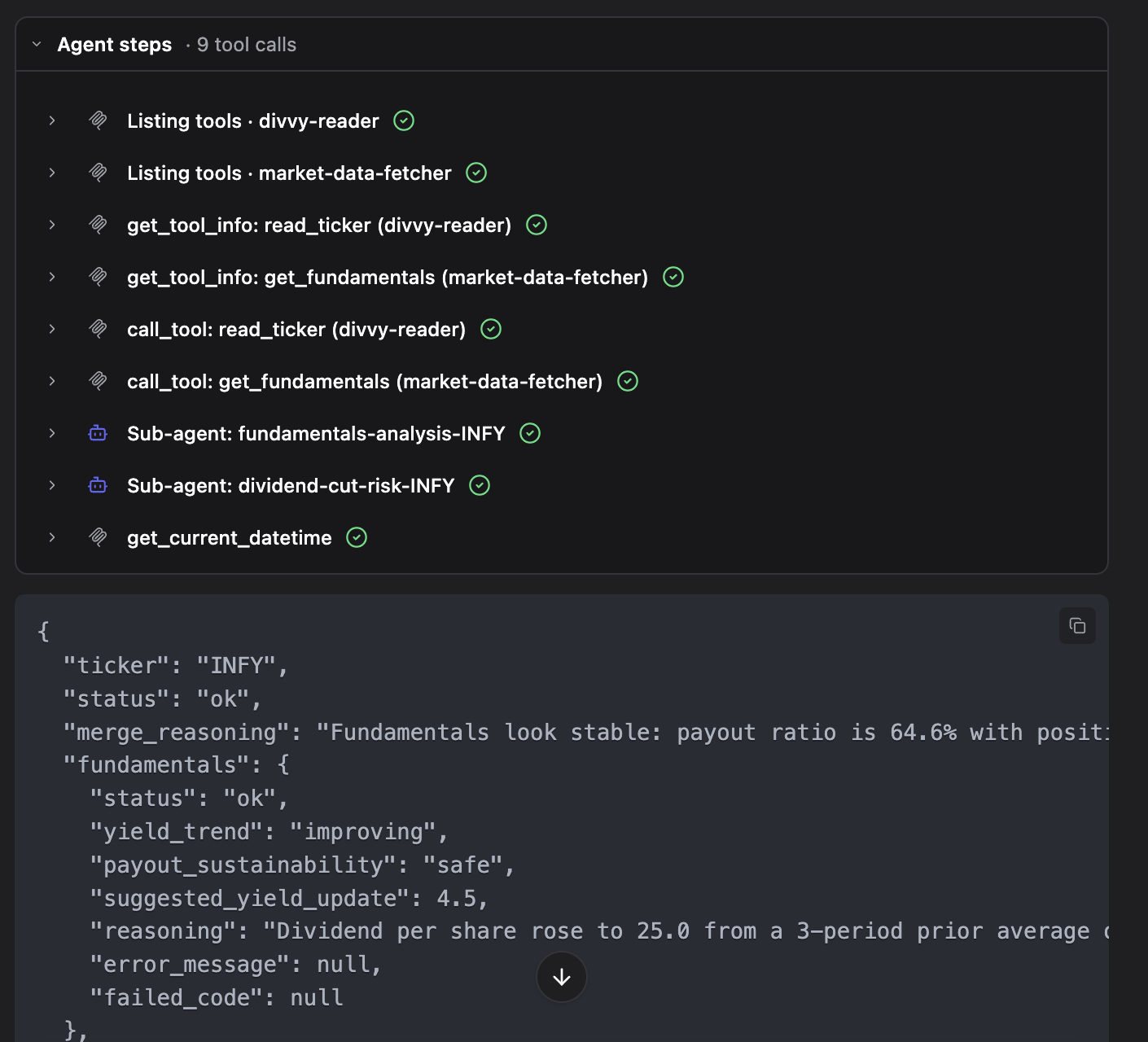 TrueForge agent steps: read_ticker, get_fundamentals, Sub-agent fundamentals-analysis, Sub-agent dividend-cut-risk, get_current_datetime — with coordinator-output JSON below