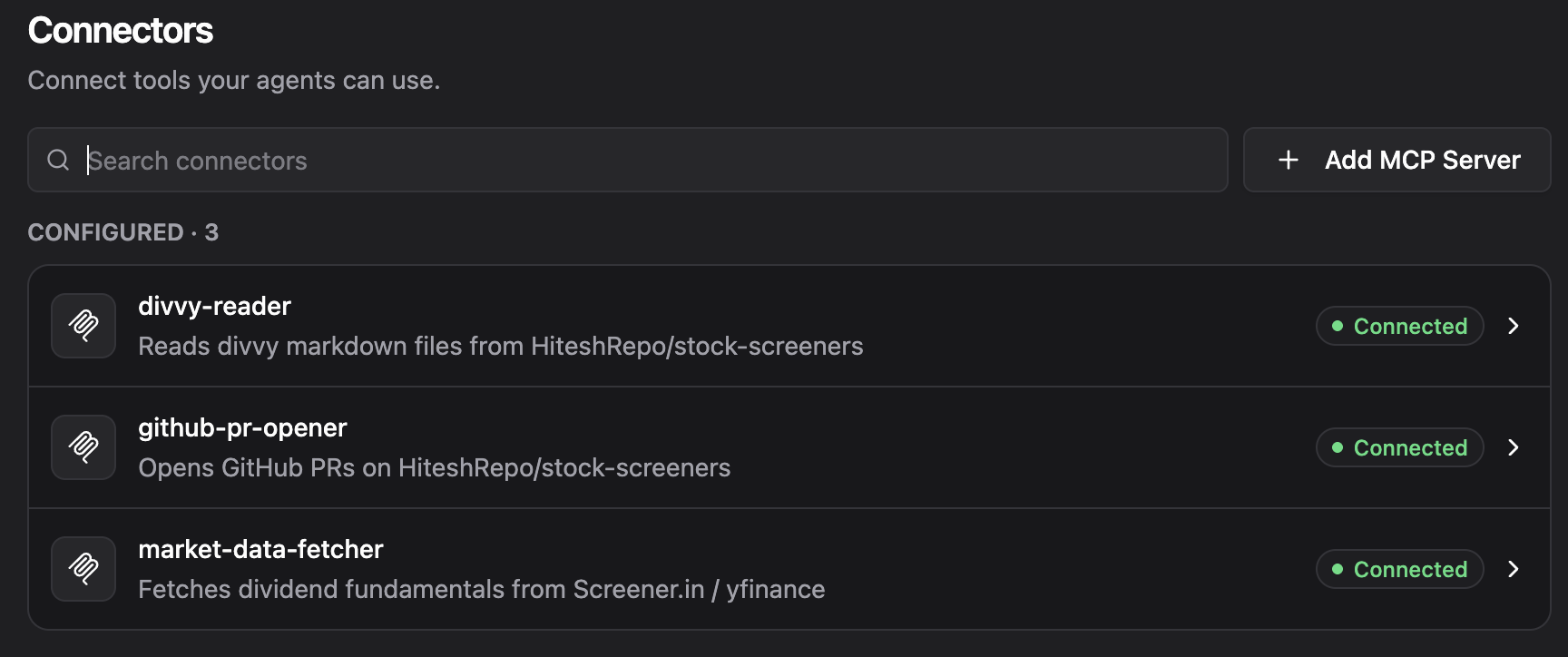 TrueForge Connectors UI showing divvy-reader, github-pr-opener, and market-data-fetcher all Connected