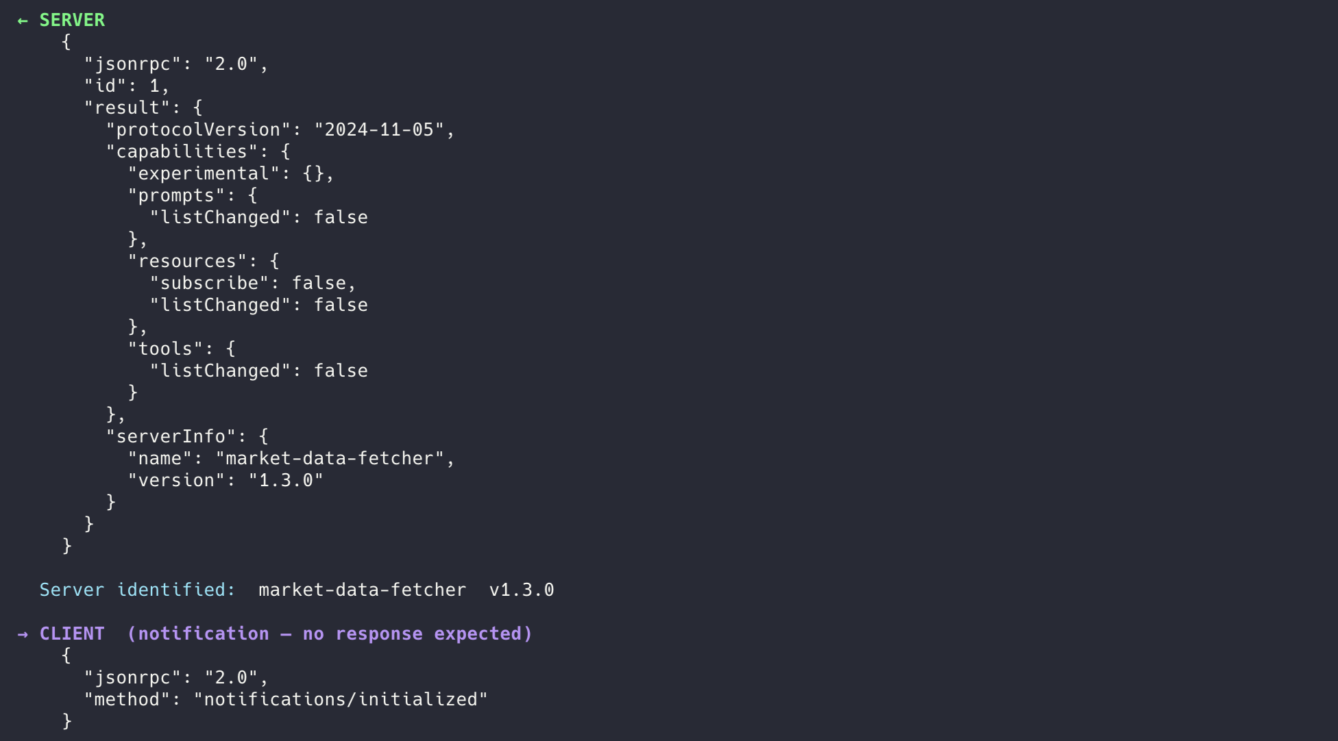 Phase 1 — server response with capabilities and notifications/initialized