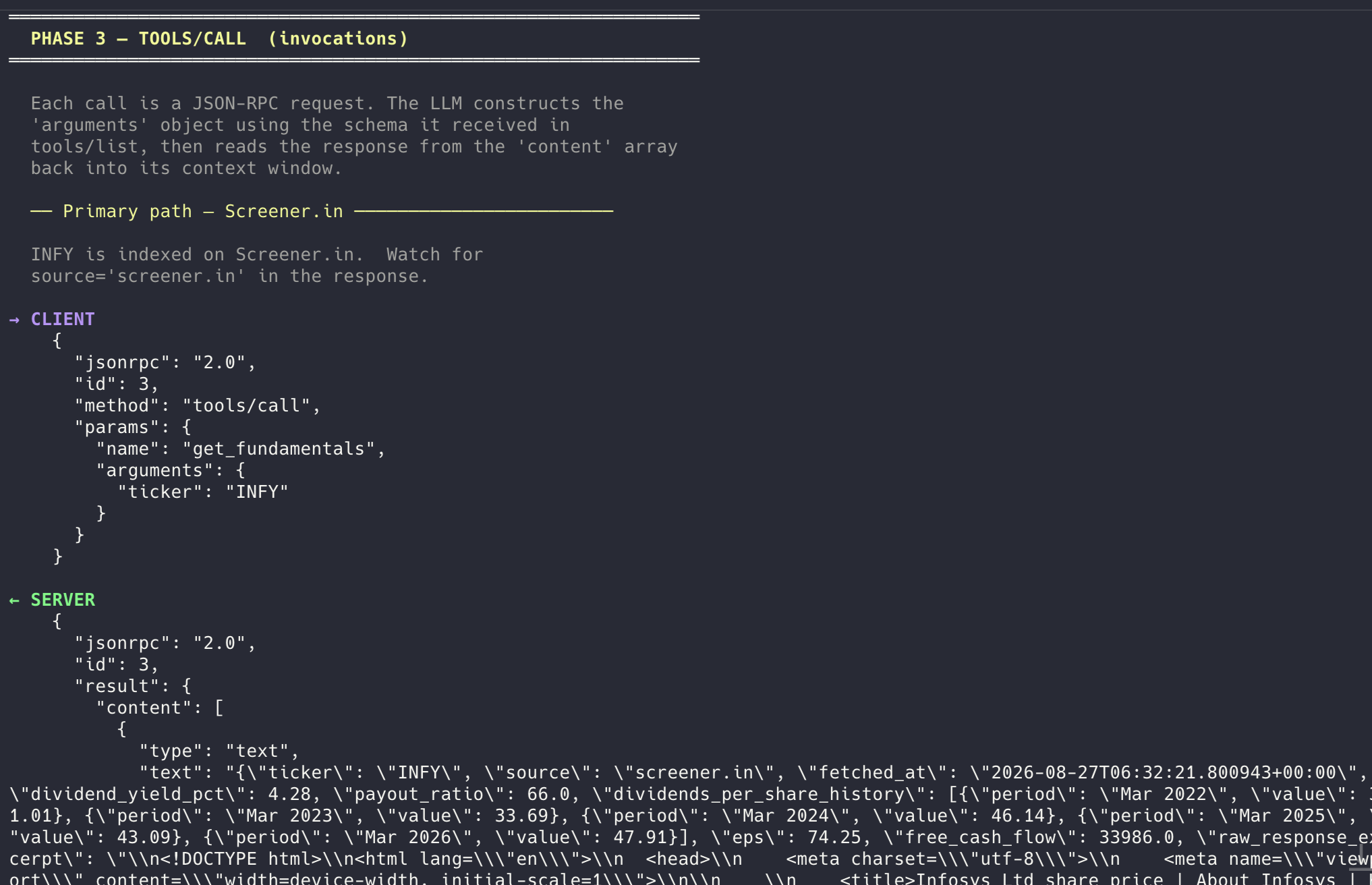 Phase 3 — TOOLS/CALL get_fundamentals invocation and response