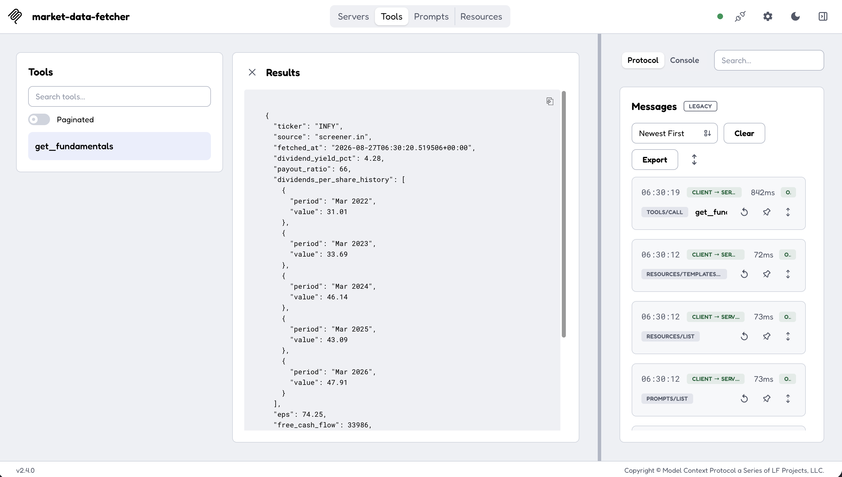 market-data-fetcher MCP Inspector — get_fundamentals result for INFY
