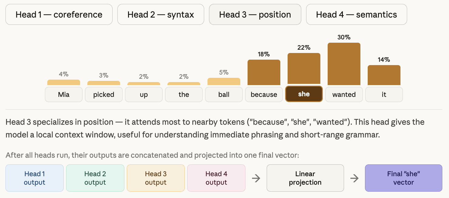 Visualization of Head 3’s attention pattern, capturing yet another type of token relationship