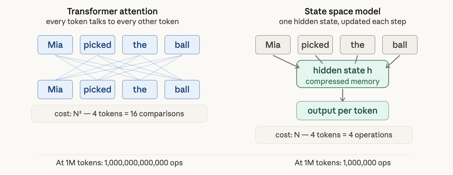 Comparison of Transformer attention (quadratic scaling) versus SSM hidden state updates (linear scaling)