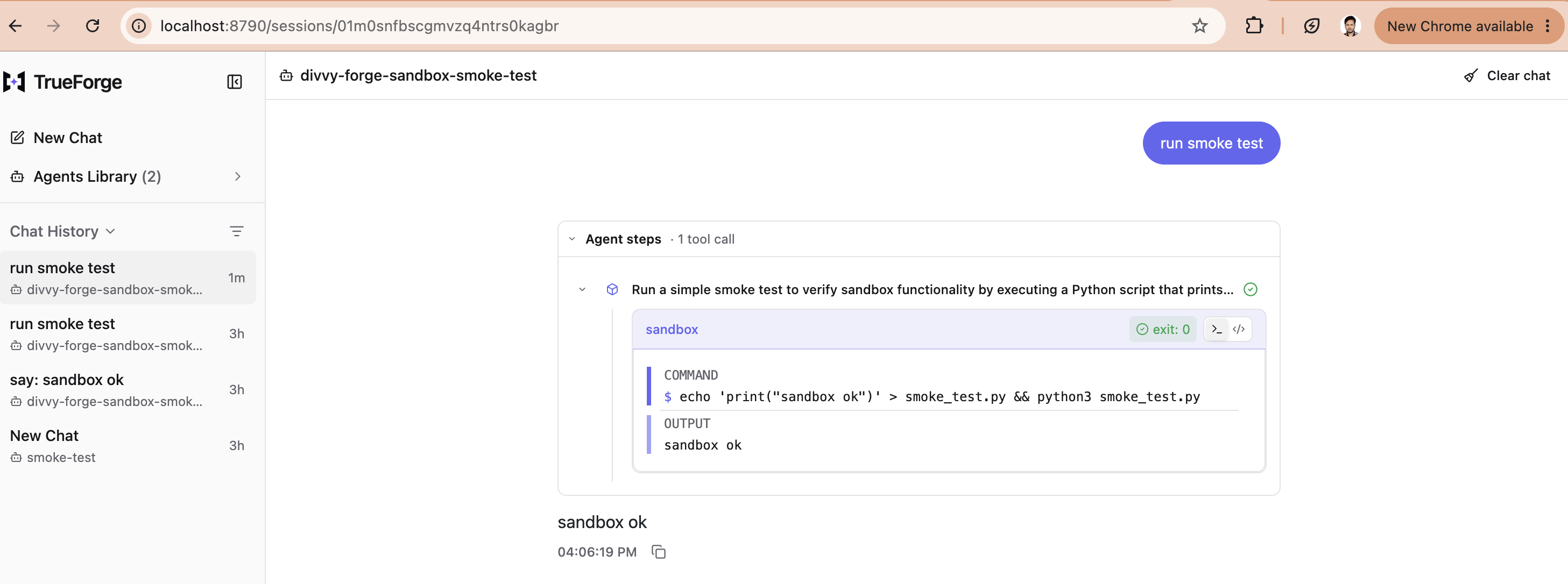 TrueForge UI showing sandbox code execution